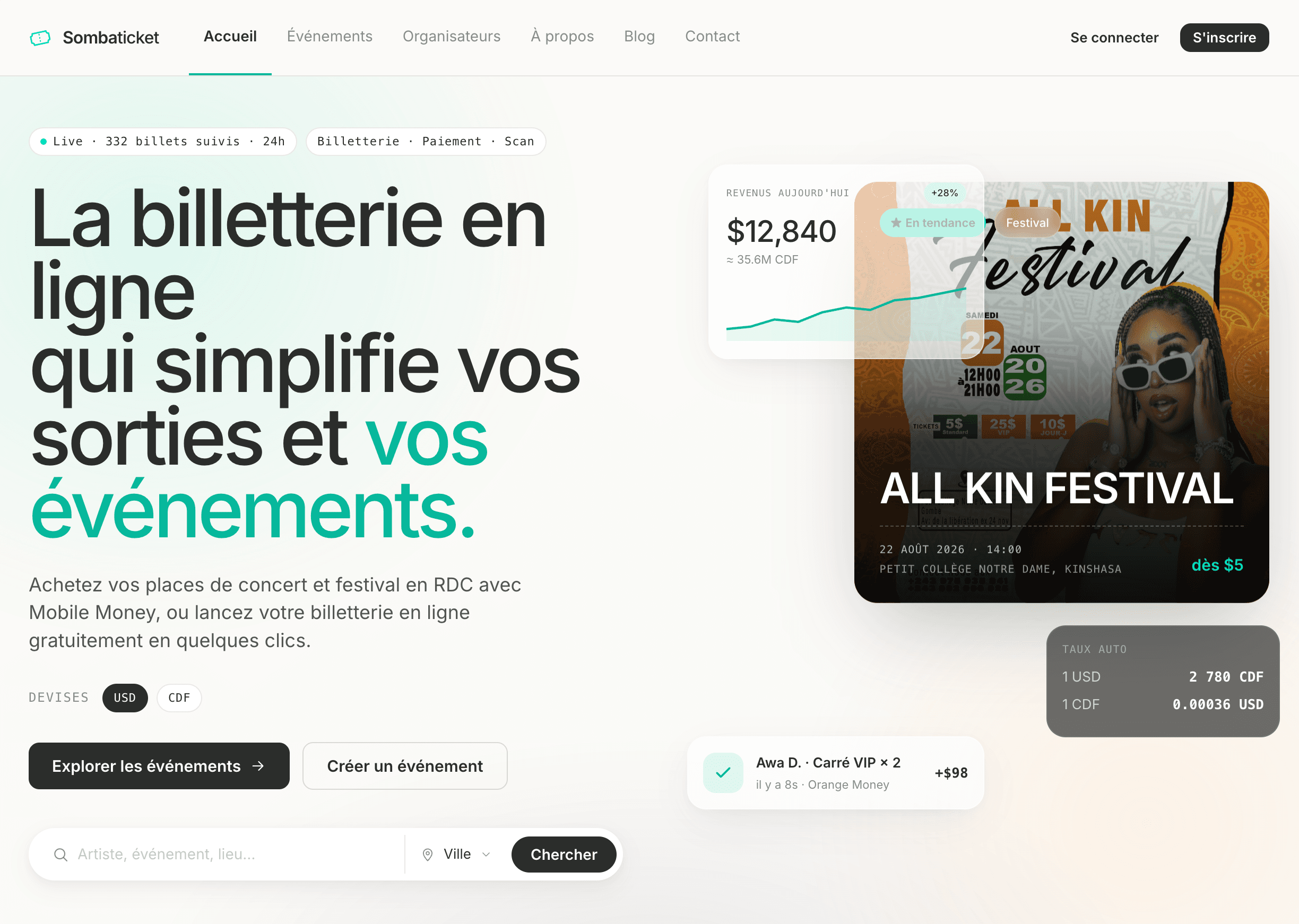 Accueil de SombaTicket, application web de billetterie développée par Skairix